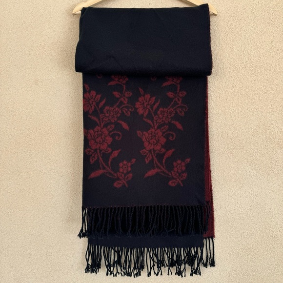 Jesi Lydia wool touch Burgundy/Wine and Black Floral Fringe Oversized Scarf/Wrap - Picture 6 of 9
